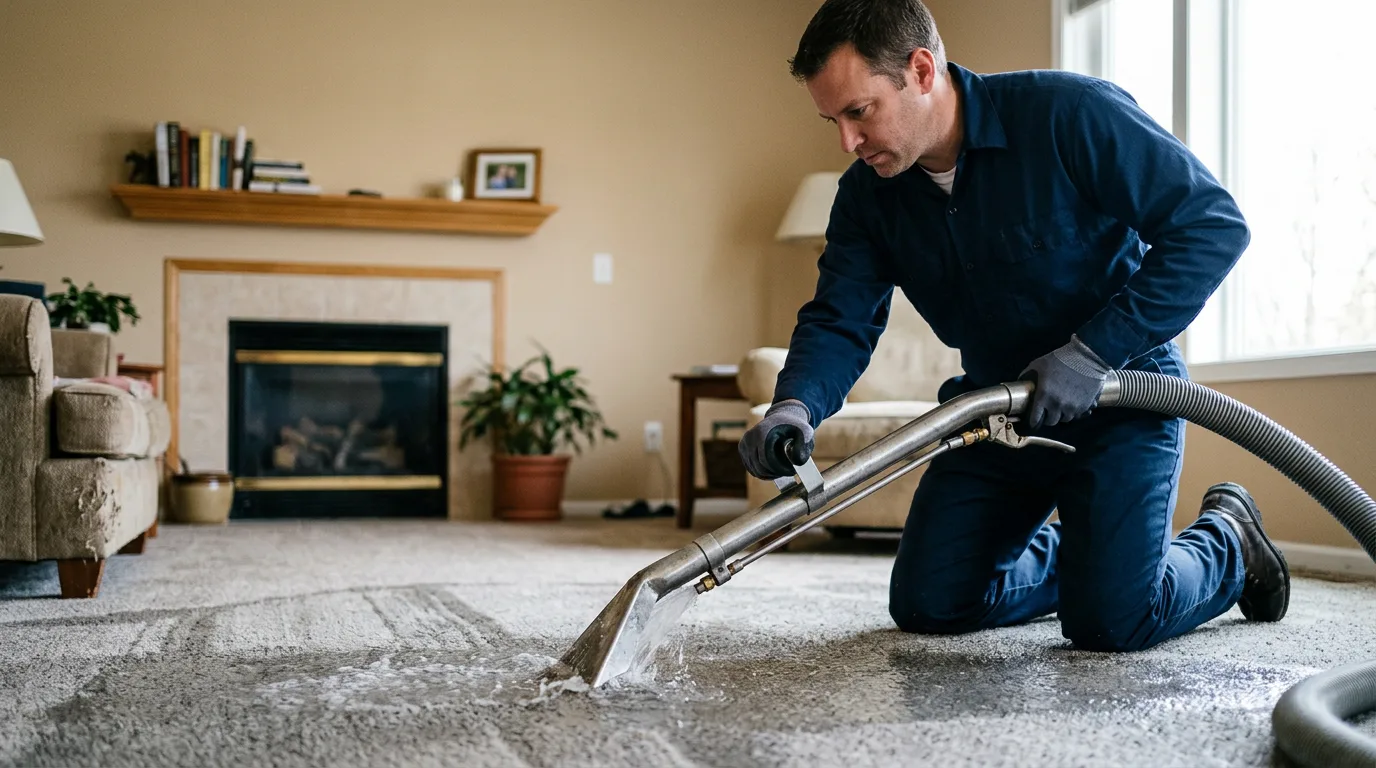 Water damage restoration technician working near Leland, IL